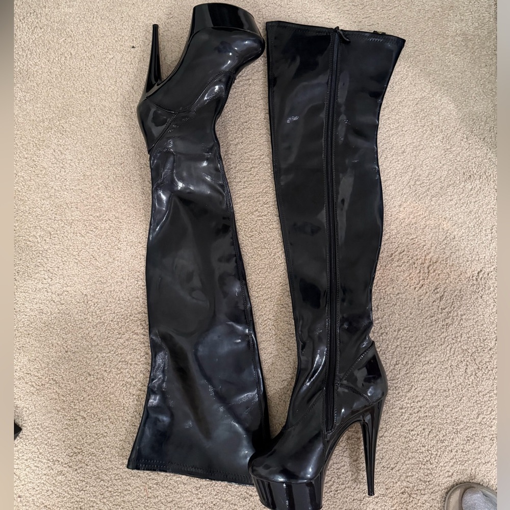 Elle Glossy Patent Black Over the Knee Boots - Picture 3 of 13